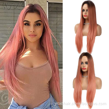 Ombre Colour Hair Cheap Long Natural Straight Synthetic Hair Wig Pastel Pink Cosplay Non Lace Middle Part Wigs for Black Women
